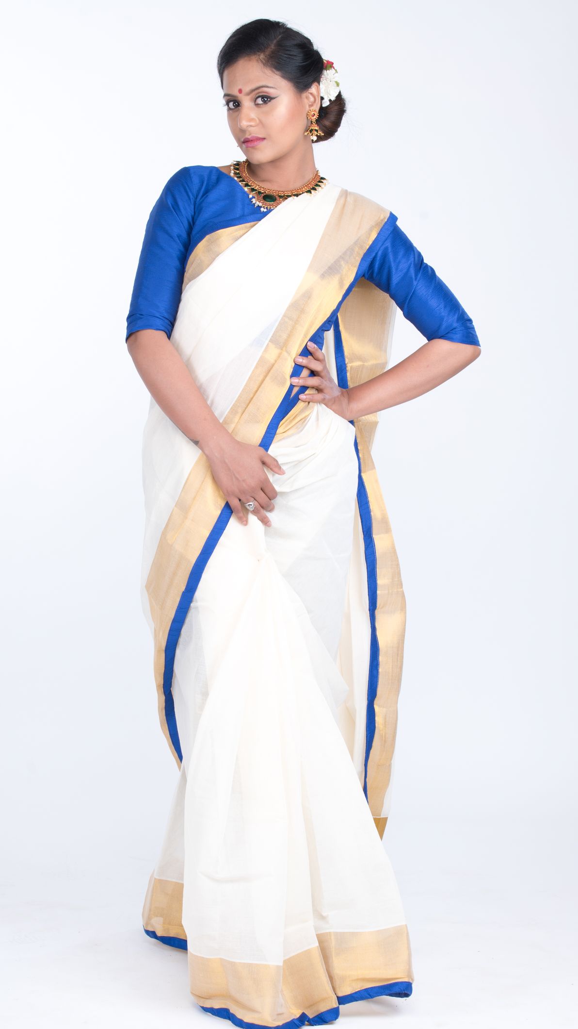 Buy fashionkiosks Brighty Pure White Colour Kerala Cotton Kasavu Sky Blue  and Gold Peacock Lace Brocade Work Pallu Saree with Blouse at Amazon.in